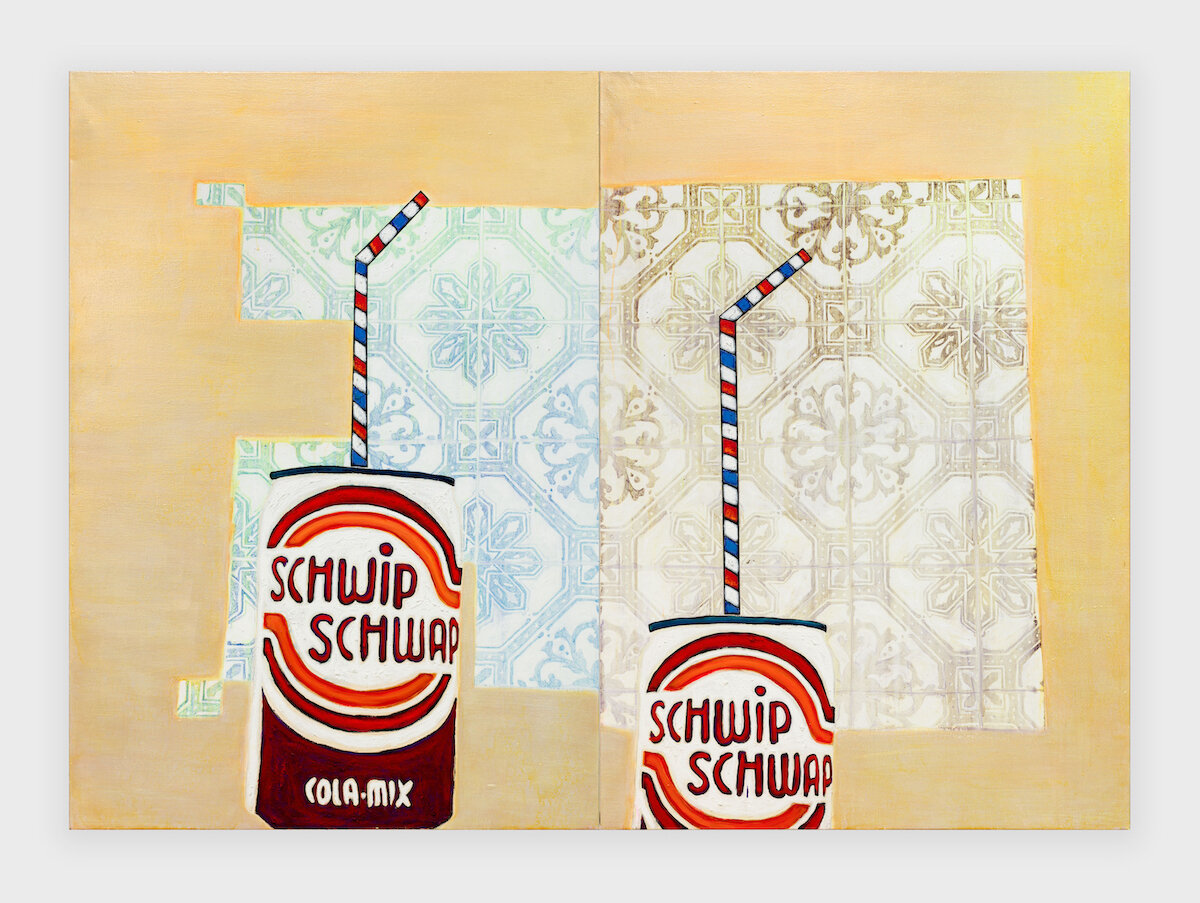 Christoph Matthes, <i>Not many but more than one</i>, 2024. Ballpen, rabbitskinglue, pigments, Acrylic and oil on canvas diptych 78 3/4 x 118 1/8 in (200 x 300 cm)